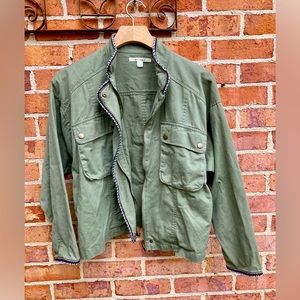Mi Ami 100% cotton denim jacket Olive green with a pretty multicolor trim